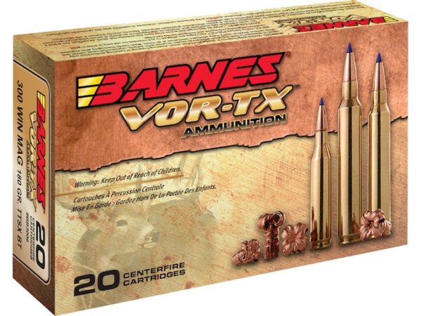 294822-600x450-1 Barnes VOR-TX Ammunition 300 Winchester Magnum 180 Grain TTSX Polymer Tipped Spitzer Boat Tail Lead-Free Box of 500 - Image 1